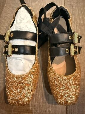 SCHUTZ Gold Glitter Mary Jane Flats with Black Straps